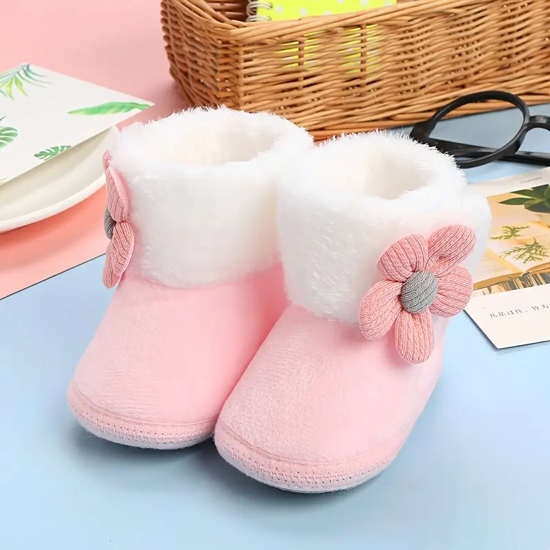 1 Pair Baby Walking Plush Gel-Dotted Socks, Fleece-Lined Thick Anti-Slip Warm Floor Socks, Warm Plush Socks for Baby Girls, Soft Pink Floral High-Top Socks with Adhesive Cuffs, Comfortable Indoor Warm Socks