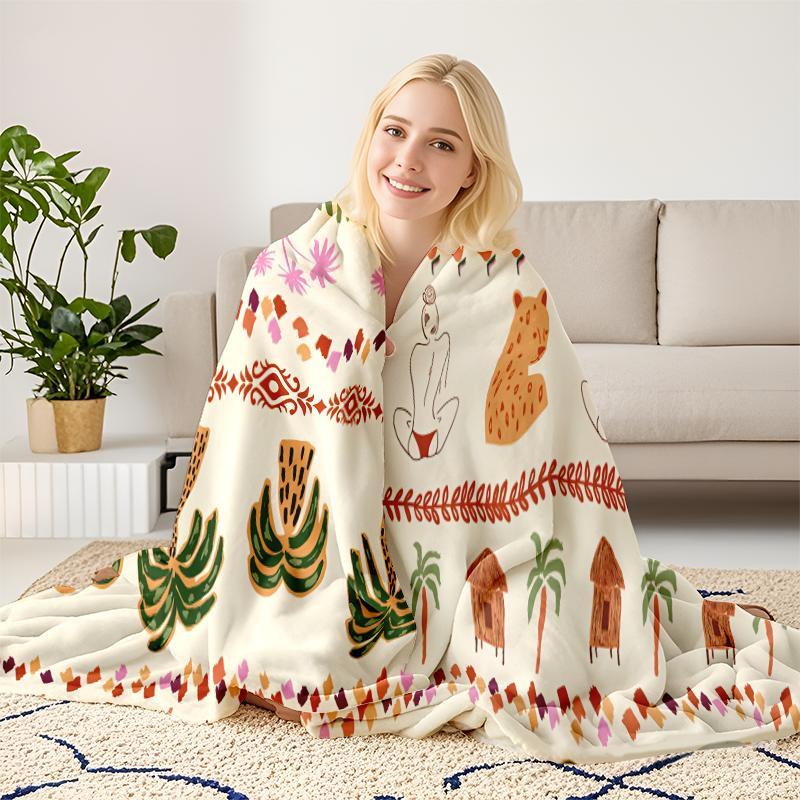 Boho Jungle Safari Blanket: Hand-Drawn Tropical Palm Tree & Leopard Throw With Tribal Vibes, Ultra Soft Plush Fleece Blanket Printed In USA For Boho Home Decor Lovers