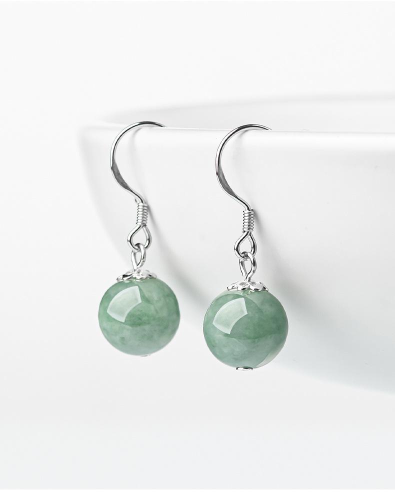 Natural A-grade jade emerald green round bead earrings S925 silver inlaid jade fashionable women's earrings and earrings with ethnic style