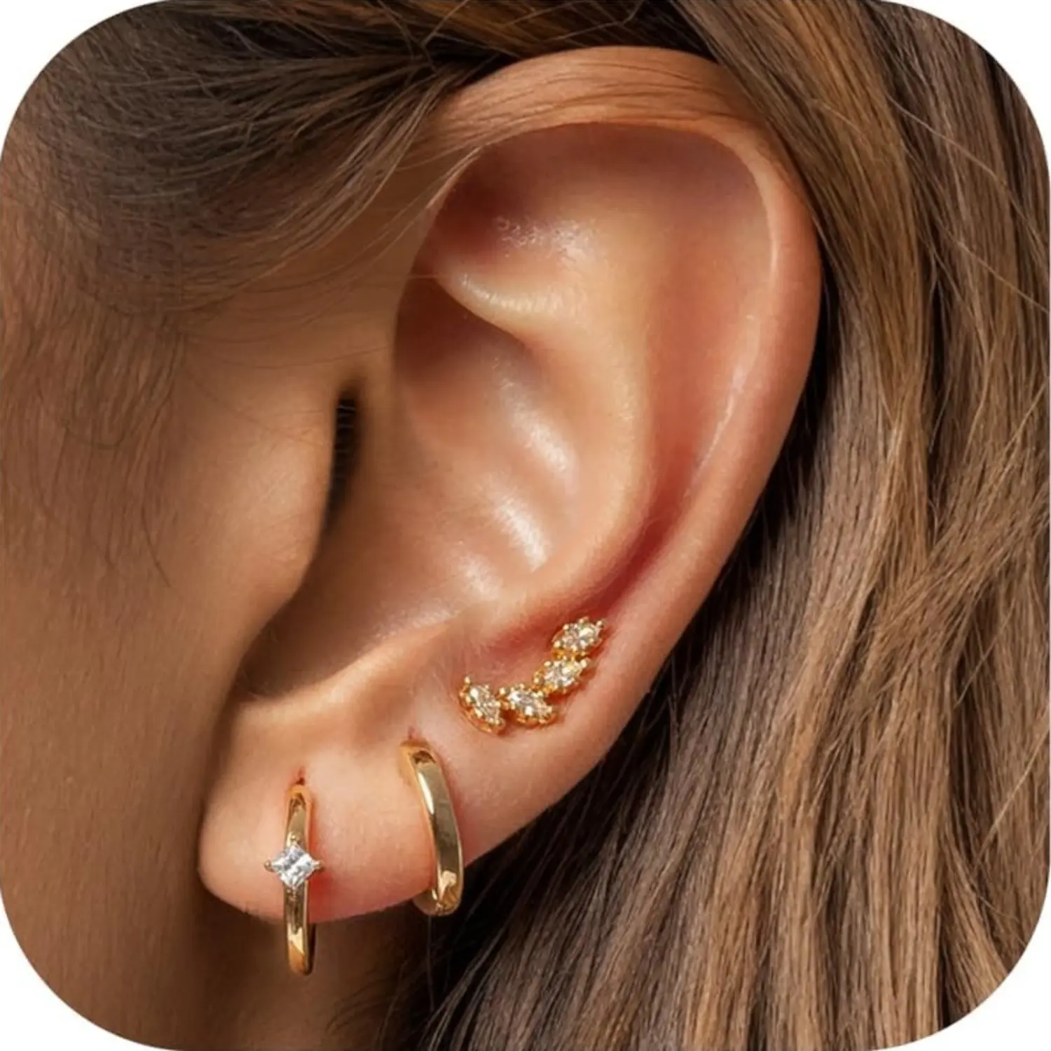 FIASASO 3 Pairs 925 Sterling Silver Stud Hoop Earrings Set for Women Hypoallergenic 14K Plated Gold Earrings Stacks Dainty Small Stud Hoop Earrings Cartilage Earring Set for Multiple Piercing