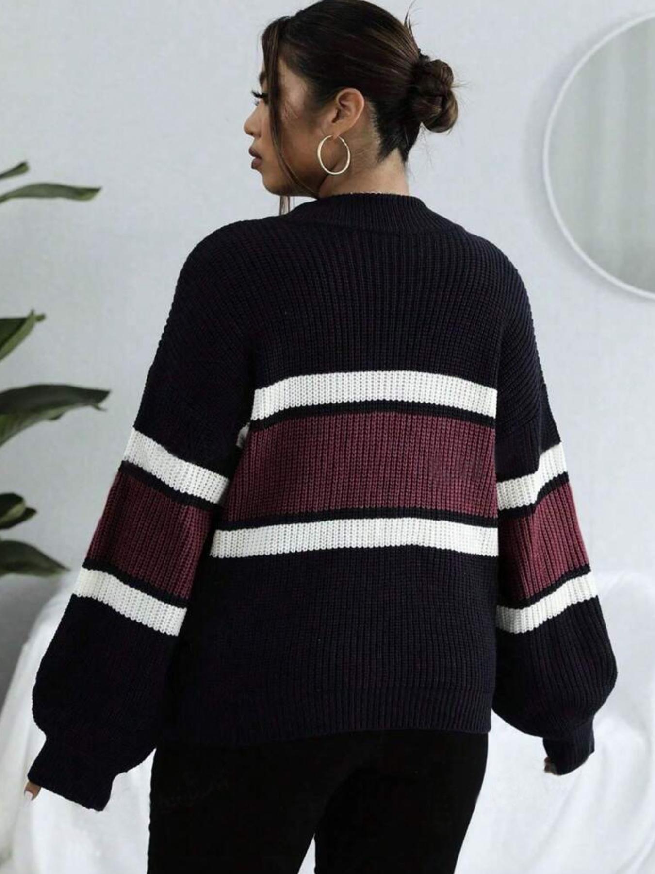Women's Colorblock Striped Print Half Zip Up Mock Neck Sweater Pullover Top, Casual Loose Drop Shoulder Long Sleeve Jumper, Women's Fall & Winter Knitwear For Daily Wear Fitted Lady Womenswear