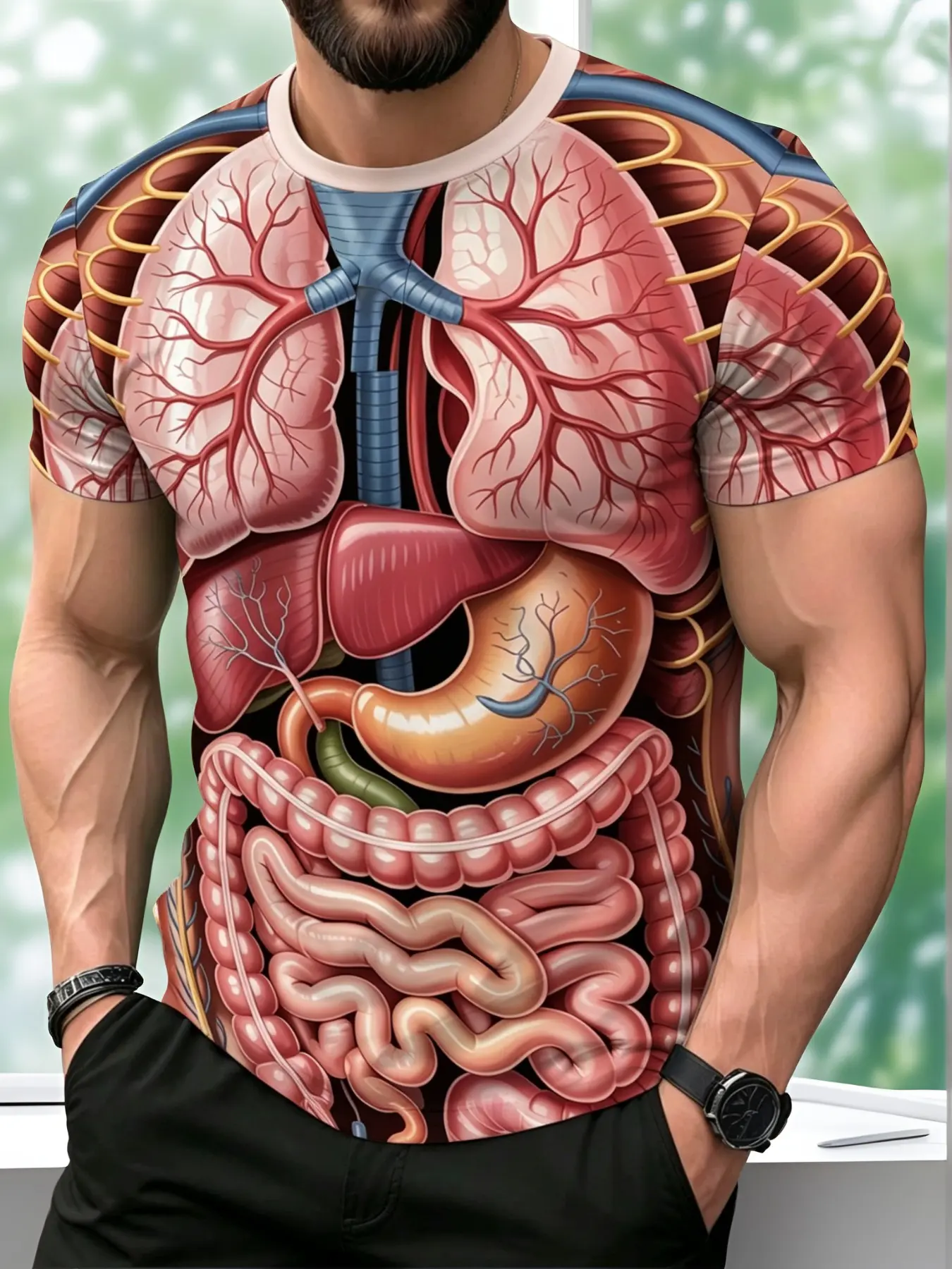 Men's Anatomy T-Shirt, Soft Breathable Daily Casual Sporty Top, Long Slim-Fit Short Sleeves, All over Print Unlined Comfortable Shirt