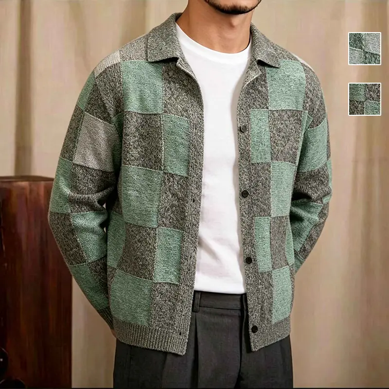 Casual Lapel Knit Outer Cardigan, Checkerboard Color Block Plaid Button Knitted Jacket, Long Sleeve Loose Spring Autumn Street Outerwear