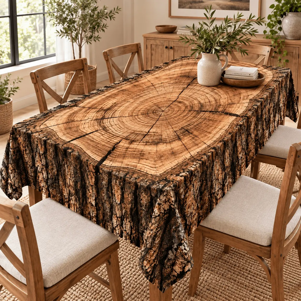 1 pc Rectangular tablecloth Rustic Wood Grain Polyester Tablecloth, Realistic Tree Ring & Bark Print Table Cover, Farmhouse Dining Decor for Holiday Party, Family Gathering, Kitchen, Picnic & Everyday Home Use, Easy zz
