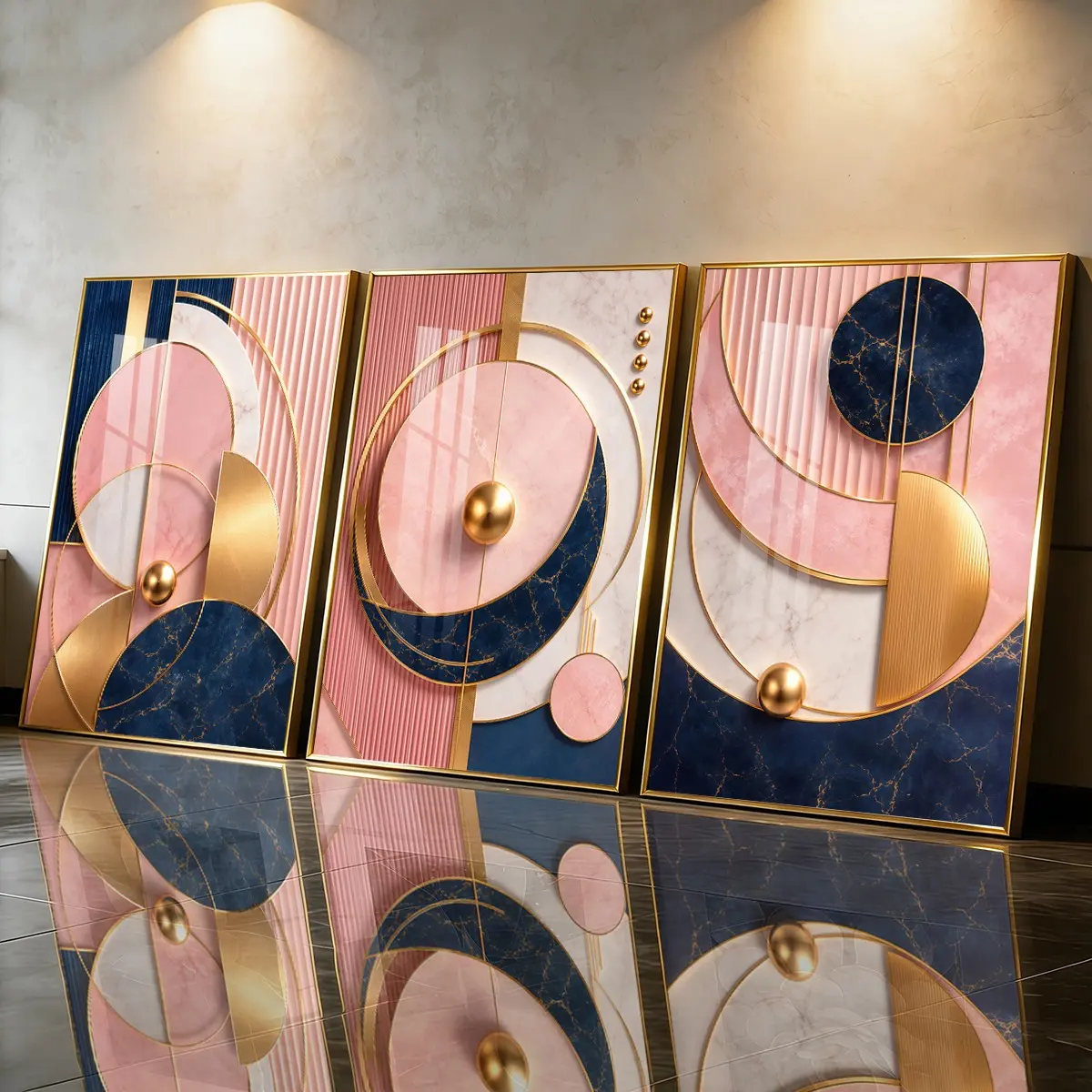 3 Count Aluminum Alloy Frame Canvas， Abstract Geometric Gold Pink Blue， Fashion Poster， Modern Living Room Decoration， Light Luxury Family Art， Suitable For Bedroom， Corridor And Office Wall Decor， Gift