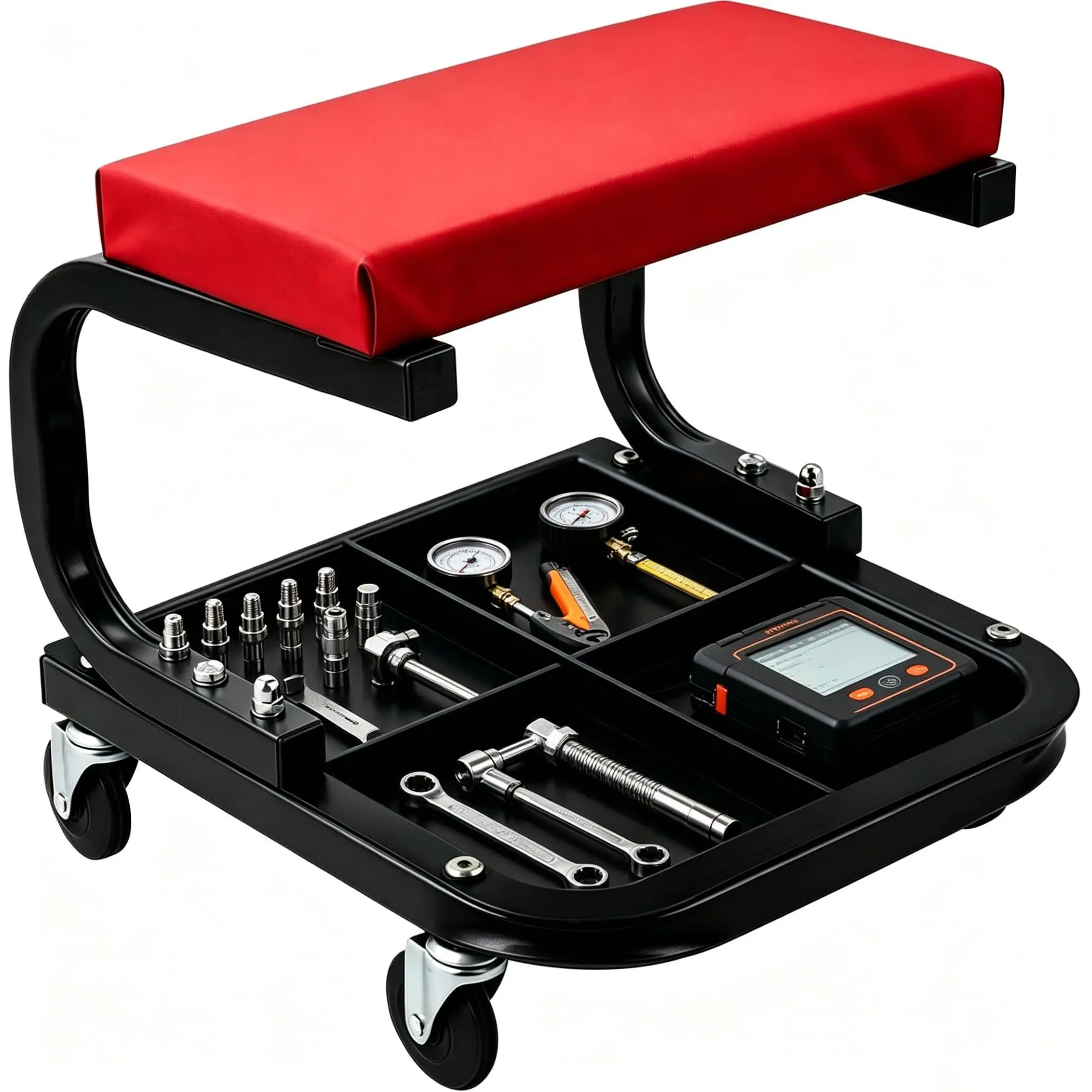Heavy Duty Mechanic Creeper Seat with Wheels – 250 lbs Capacity – Padded Garage and Workshop Stool with Tool Tray – Waterproof, Oilproof – For Auto Repair – Black+Red