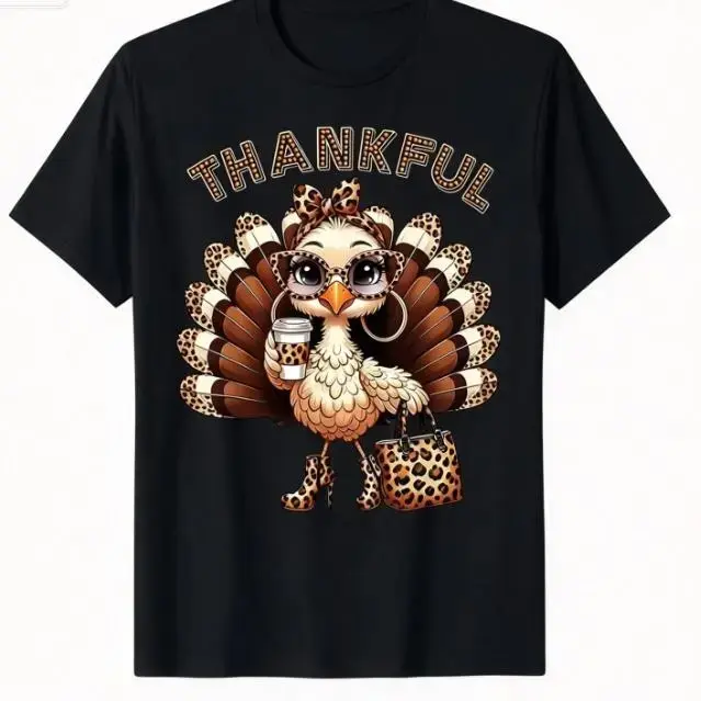 Women's Casual Comfortable Crew Neck Leopard Print Turkey T-Shirt - Lightweight Fabric Cute Graphic Tee, Unisex Thanksgiving Fall GiftA casual, everyday top-an ideal gift for Thanksgiving or Día de los Muertos (Day of the Dead).