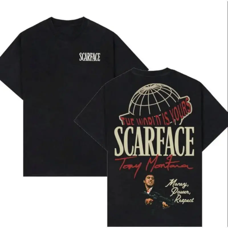 Men's Scarface Double-Sided Graphic T-Shirt Tony Montana The World is Yours Movie Design Short-Sleeve Round Neck High-Quality Casual Crewneck Top All Seasons Multi-Size Comfortable Vintage Streetwear for Fans,Monaco,soft,Neck Raglan Co,f,neck shor,vibrant