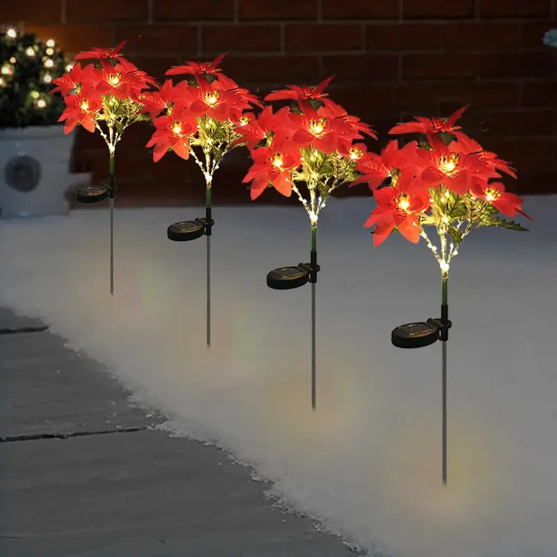 4-Pack Solar Poinsettia Christmas Lights, Holiday Garden Courtyard Lawn Decor, Ground Stake Lanterns, Festive Outdoor Lighting, Christmas Decorations