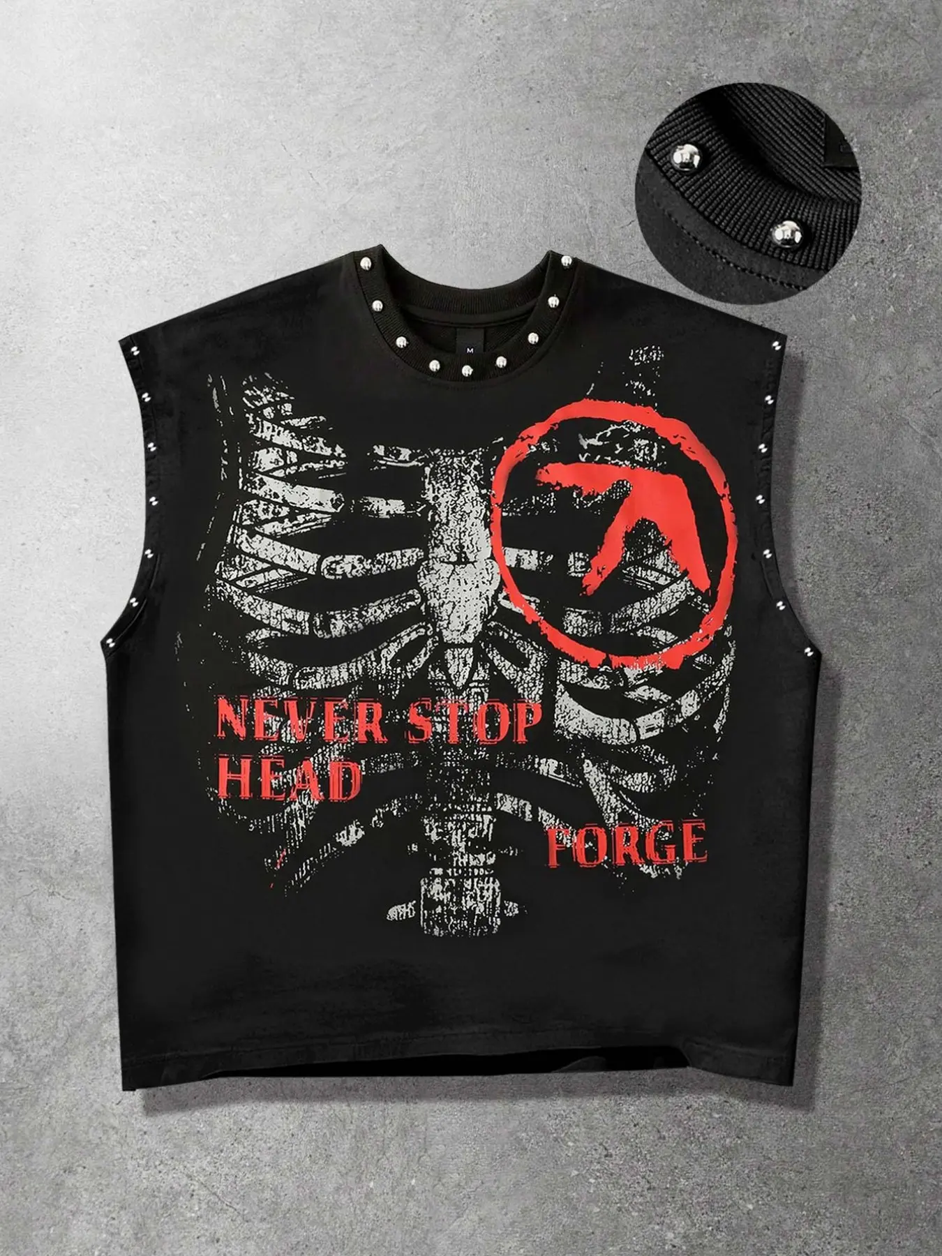 Skeleton skeleton loose vest for couples, Gothic vest, metallic metal foil short vest, sleeveless t-shirt, aesthetic geometry summer clothes, European and American street fashion brand vest, men's summer vest, Y2K dark vest, men's clothing