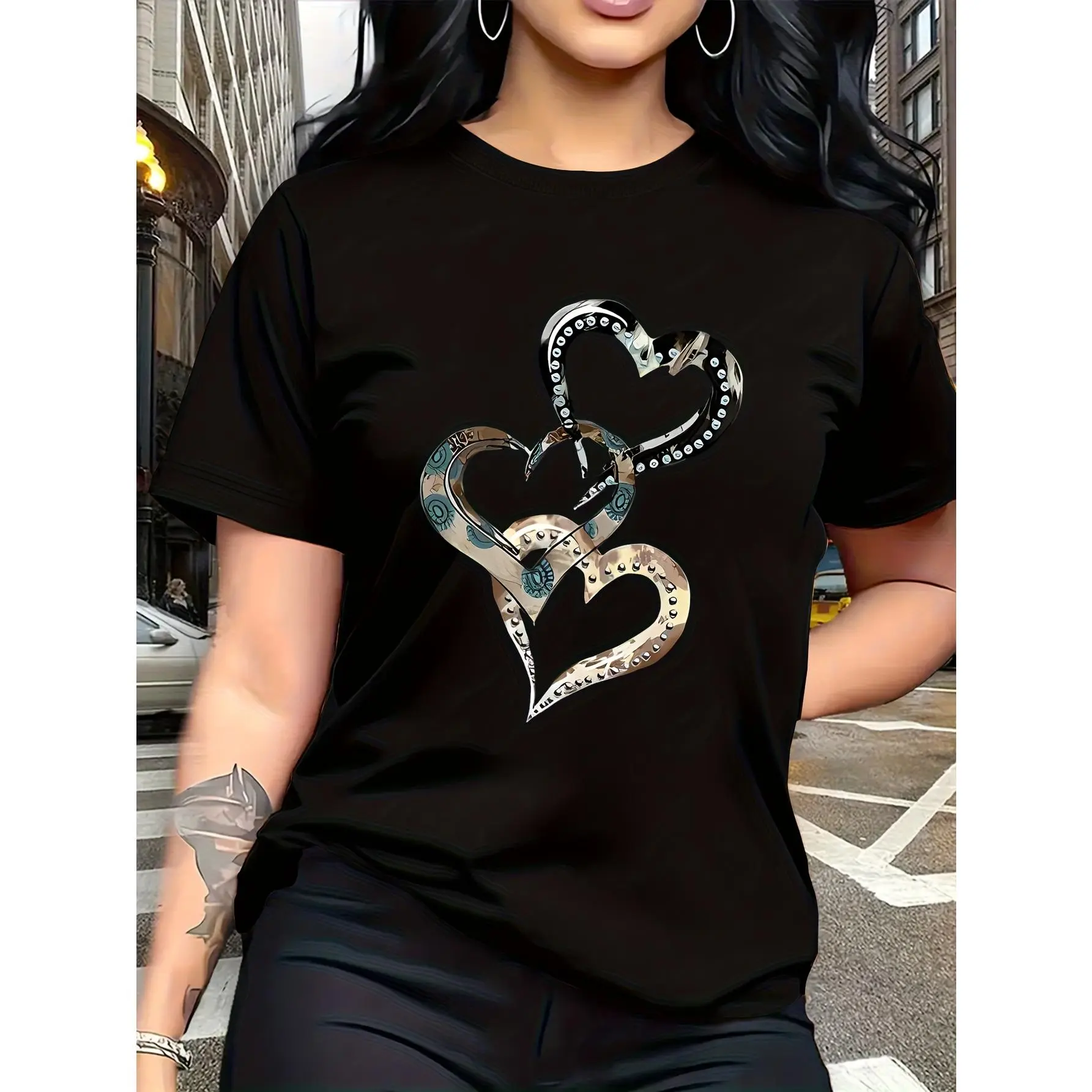 Emotion and Love" Representative, Metallic Art Heart Print Trendy Fashion, Simple Round Neck Casual Versatile Short Sleeve Women's T-Shirt for Leisure, Travel, and Vacation