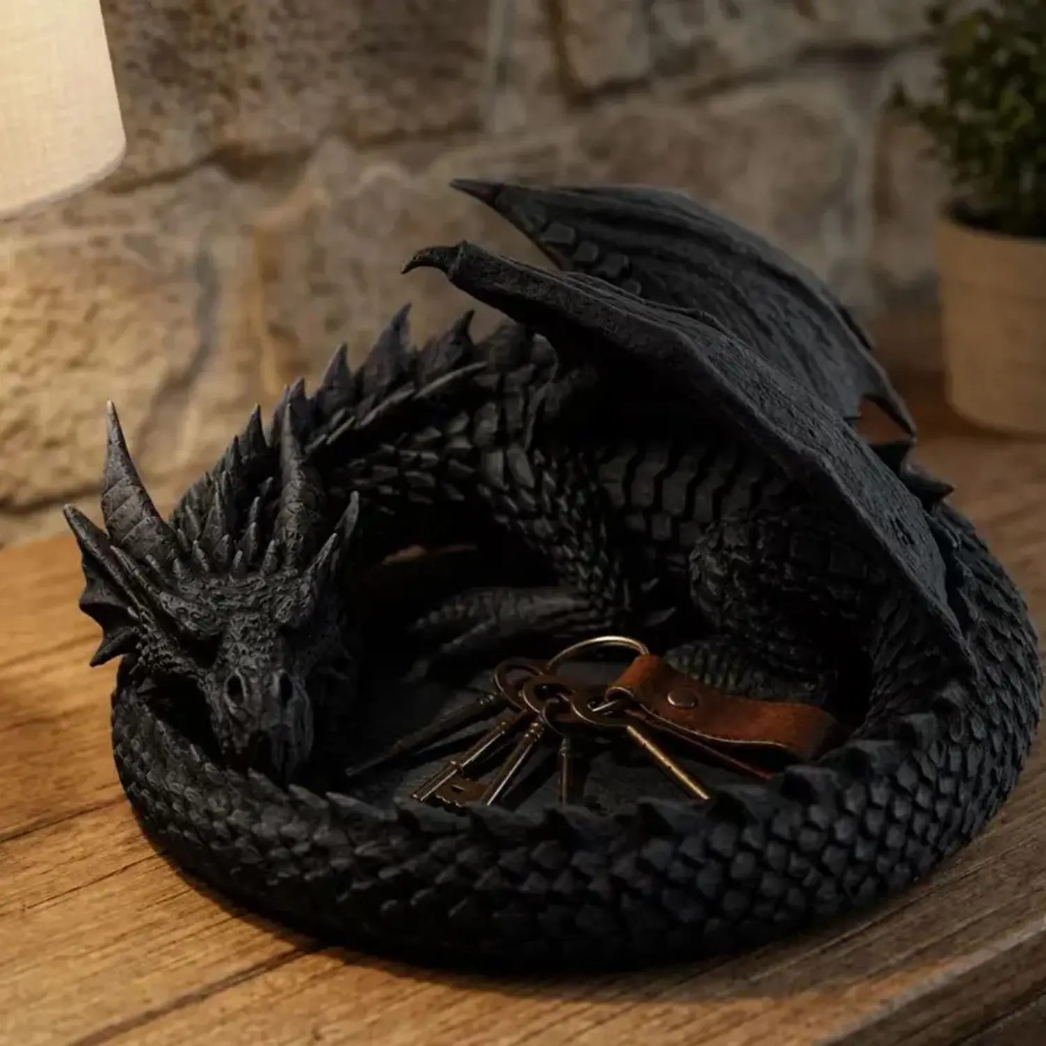 Vintage Black Dragon Guardian Desk Tray – 3D Printed Fantasy Jewelry & Key Holder Bowl, Gothic Dragon Decorative Storage Organizer for Entryway & Home Decor, Decorative Piece, A perfect "storage" tray for everyday personal items (keys, wallet, coins).