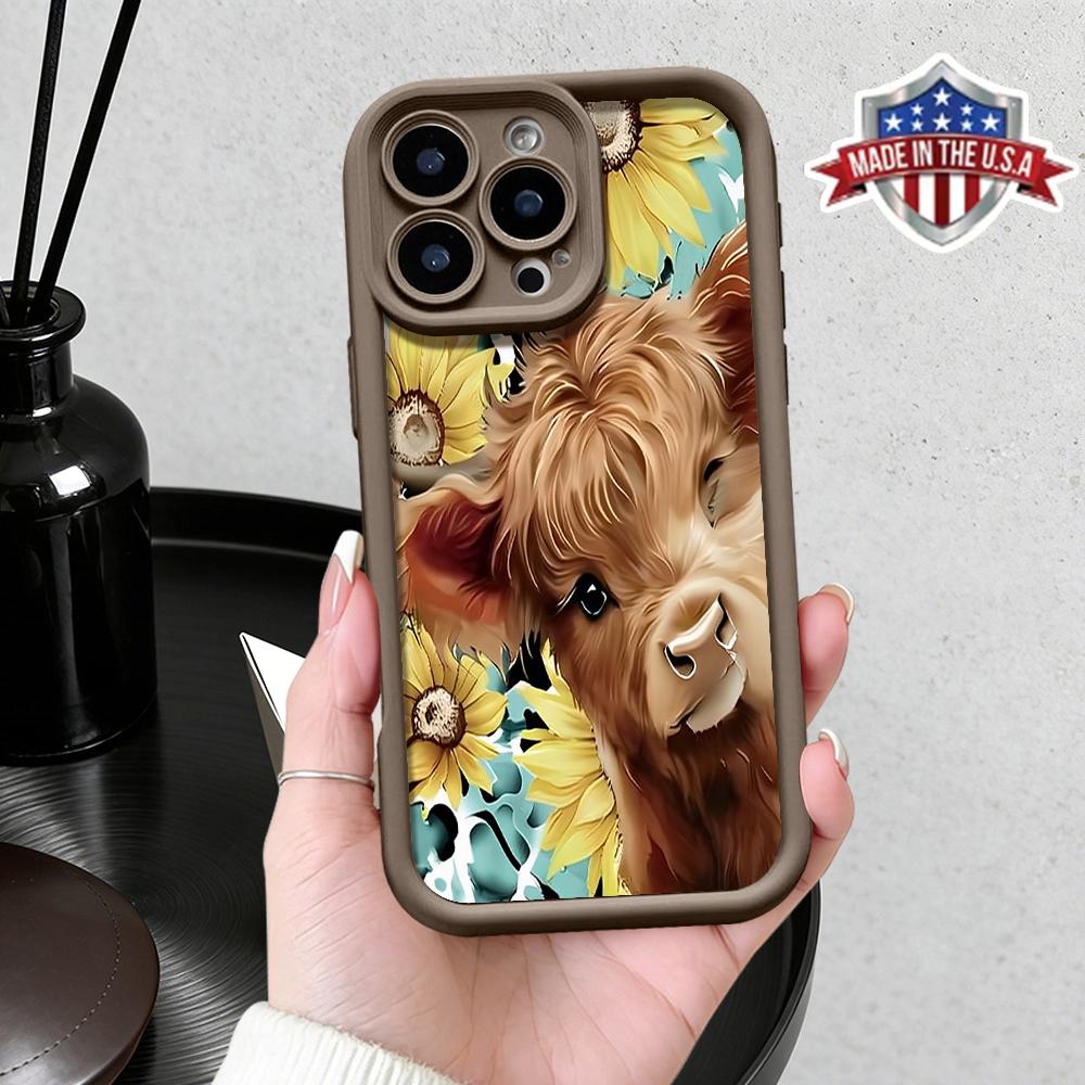 Cute Highland Cow Sunflower Floral Aesthetic Pattern Case for iPhone 17 16 15 14 Pro Max 13 12 11 XR XS Plus Air Slim Shockproof Anti Drop Protective Durable TPU Cover