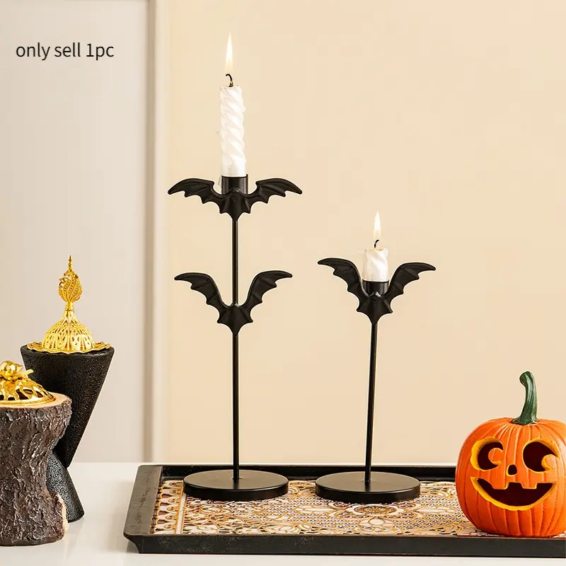 Black Metal Bat Candlestick Holder for Halloween, Gothic Iron Taper Candle Stand, Spooky Tabletop Decorative Ornament, Romantic Indoor Dining Table Centerpiece, Unique Gothic Home Desktop Display Decor for Halloween Party Night Club Bar Decor&Holiday Gift