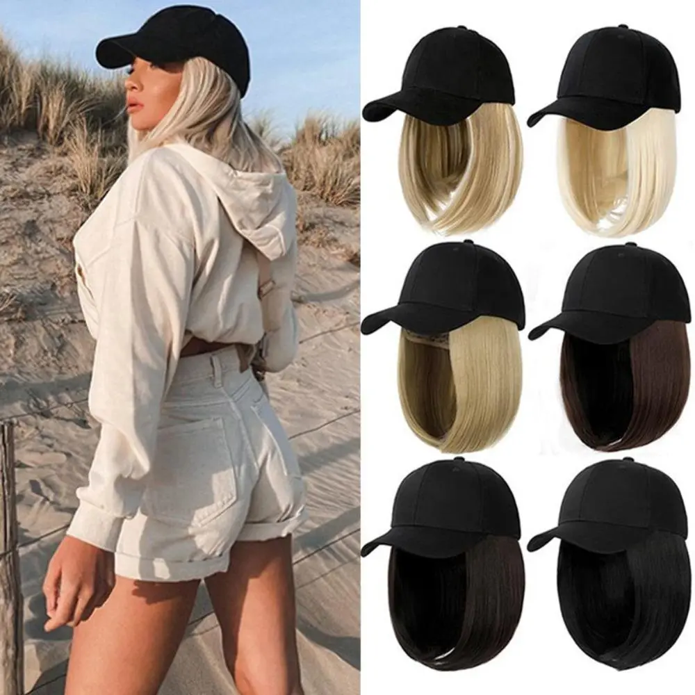 Women's 1-Piece Cap with Attached Hair - Integrated Wig Cap, Short Wavy Bob Cut Canvas Sun Visor Hat Wig, Bag Accessory Charm for Outdoor Wear, Daily Styling