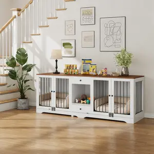 Double Dog Crate Furniture, 83" Large Dog Crate for 2 Dogs with 4 Doors & 2 Drawers, Dog Kennel Furniture for Large Dogs Indoor with Locks