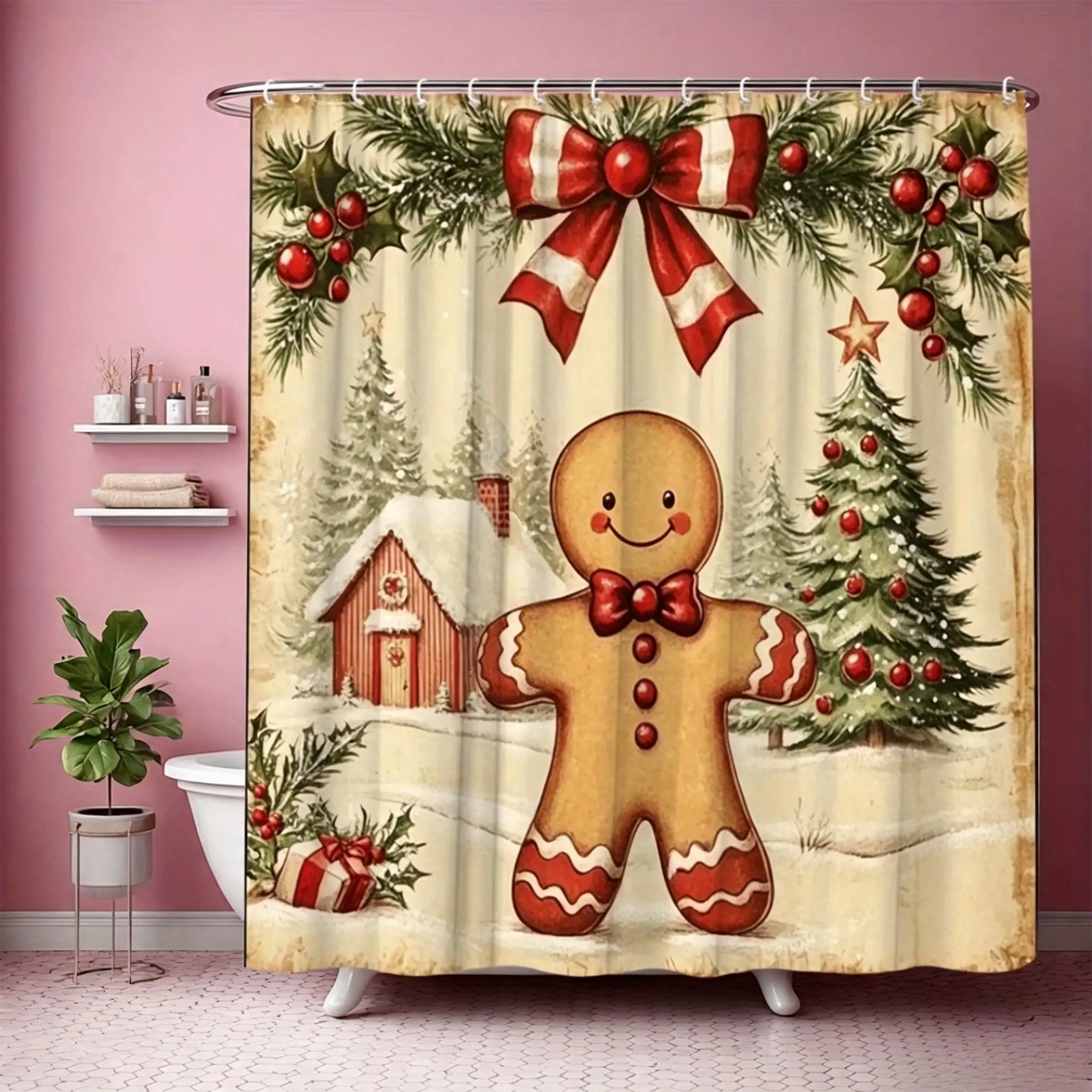 Handorio Christmas Gingerbread Man Shower Curtain 1pc    Bathroom Decor Partition Curtain with 12pcs Hooks Featuring Festive Snowscape and Cute Holiday Elements