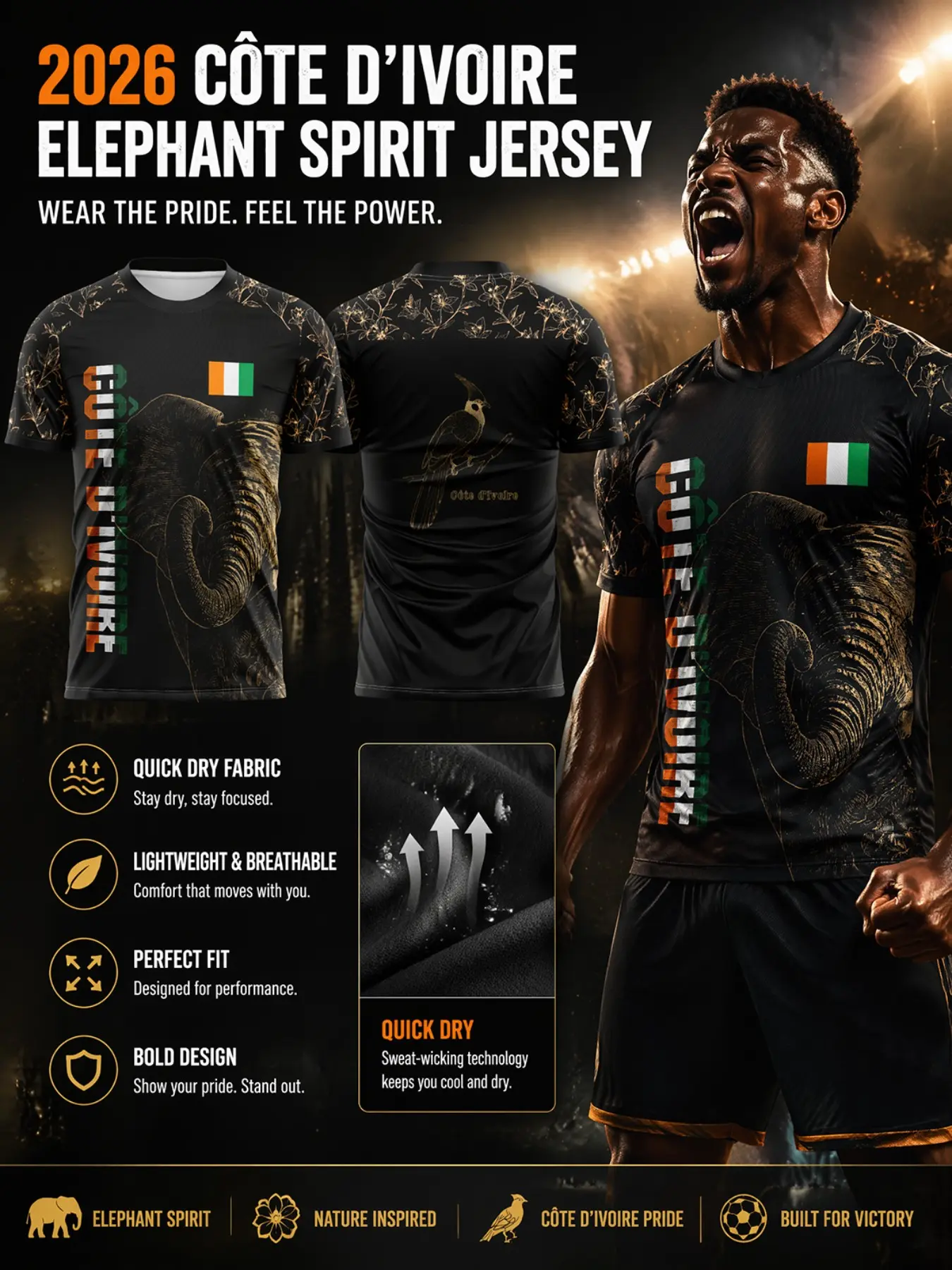 2026 Côte D'ivoire National Team Soccer Jersey, Gold Elephant Print, Quick-Dry Breathable, Slim Fit, Unisex Adult, Patriotic Gift, Athletic Tops