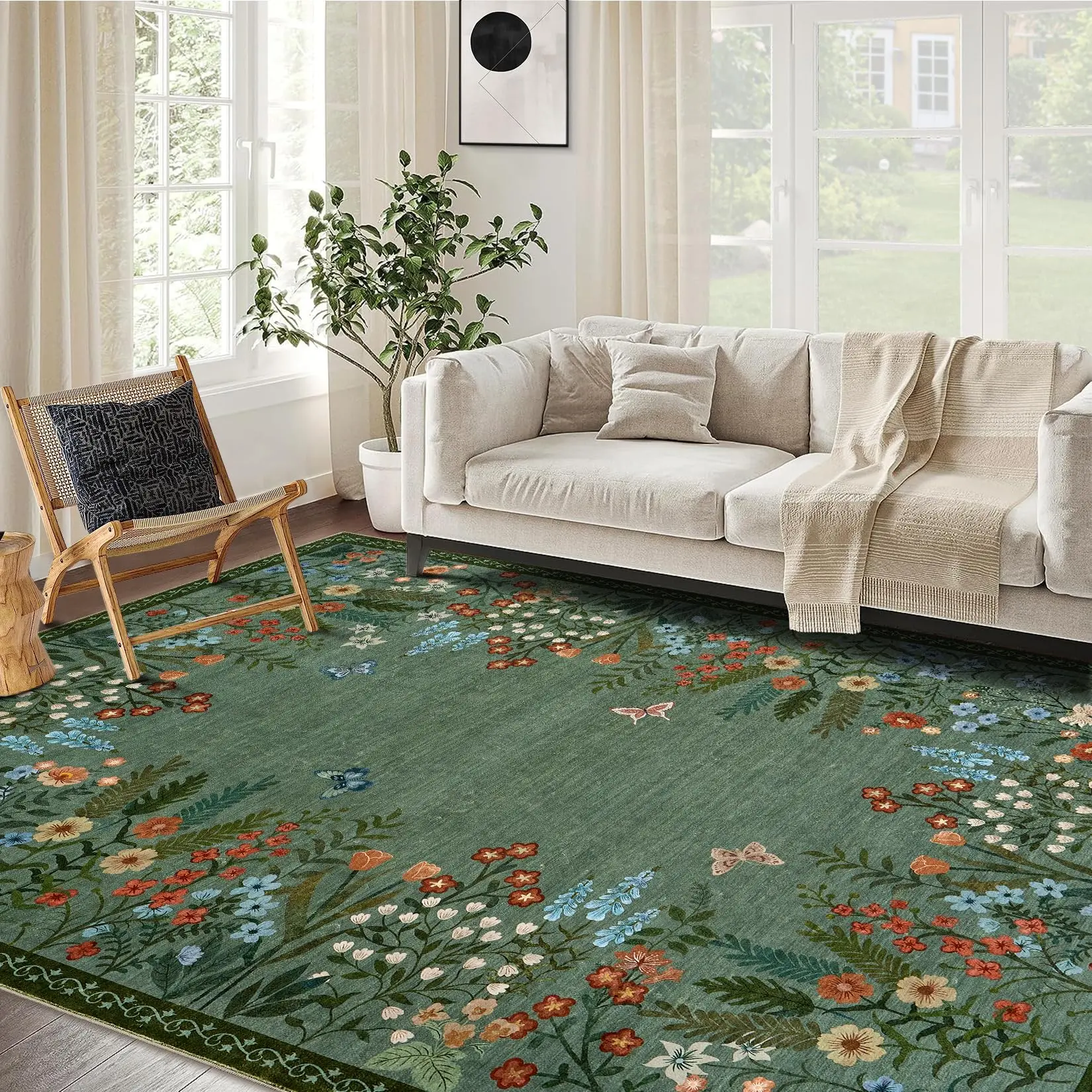 Garvee Washable 10x13 Area Rugs, Large Living Room Rug, Non-Slip Soft Floral Rugs for Bedroom, Botanical Area Rug Carpet for Dining Room Guest Room (Green,10'x13')