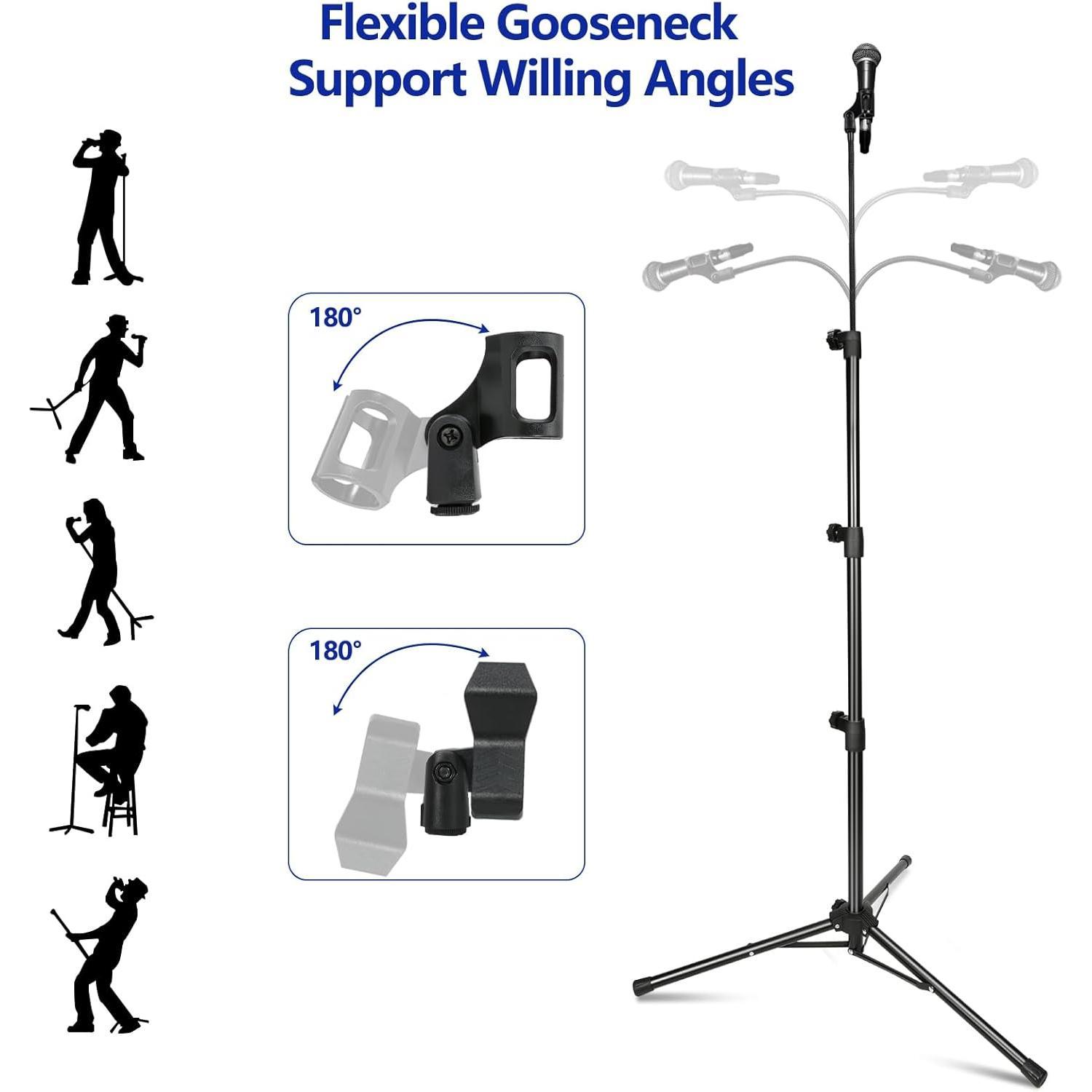 SUNDAY MIRTH Mic Stand, Boom Microphone Stands Tripod Gooseneck Microphone Stand Height Adjustable from 24" to 67" with 2 Mic Clips for Singing Stage Performance Party Mic Mount