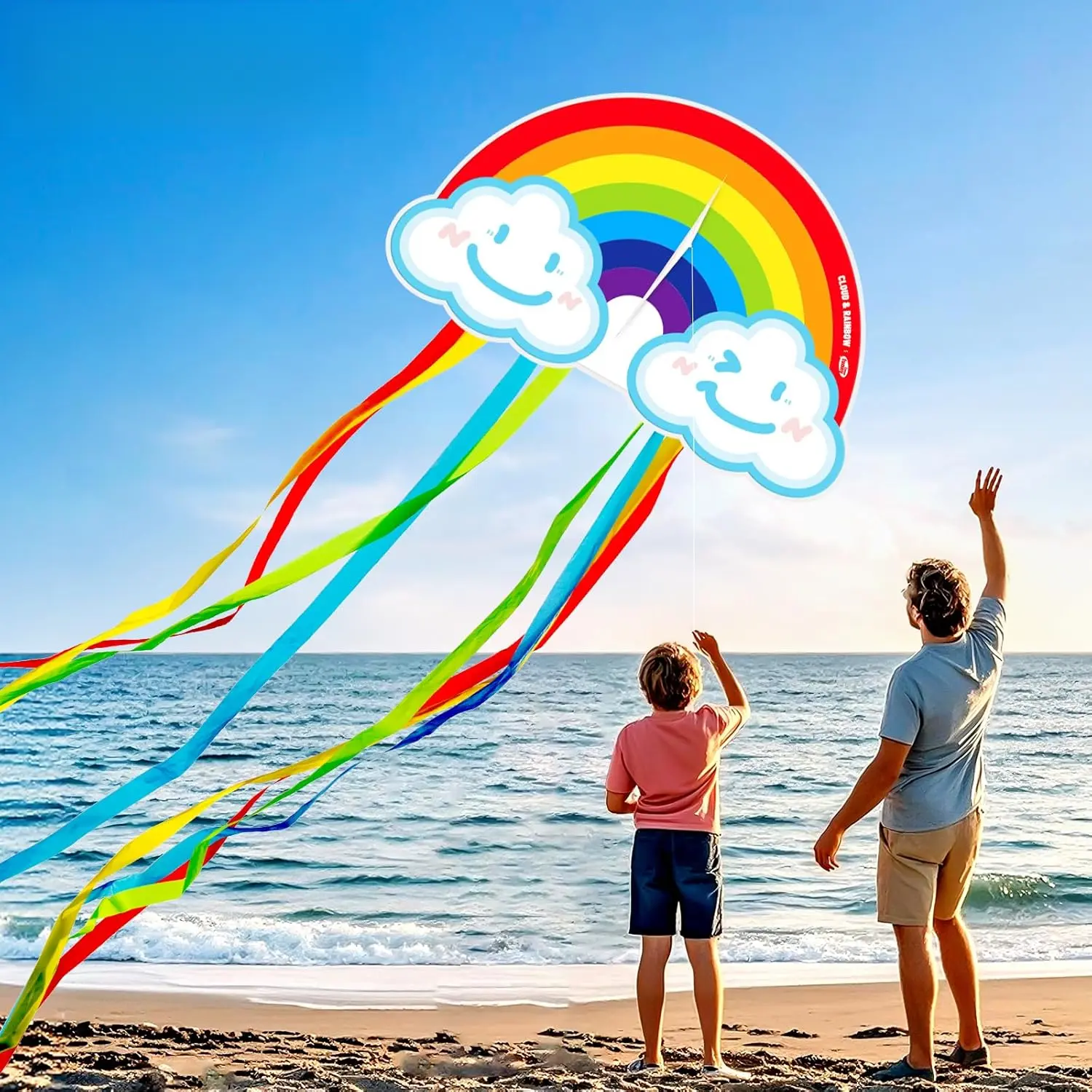 Unisex Rainbow Cloud Red Spaceship Kite Assembly Kit - Durable, Stable Flight Design, Easy to Fly, with String Reel (1 Piece) for 4-8 Years Children, Adults, Beach, Family Outings to Create Lasting Memories, Outdoor Toy