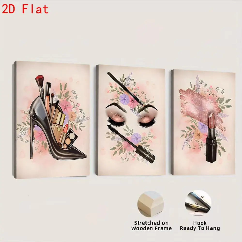 2D flat decorative painting, 3-piece set with framed/unframed wall art posters, fashionable makeup triptych, high-heeled shoes and cosmetics eye makeup and lip gloss brushstroke design, pink floral background in modern minimalist style, suitable for livin