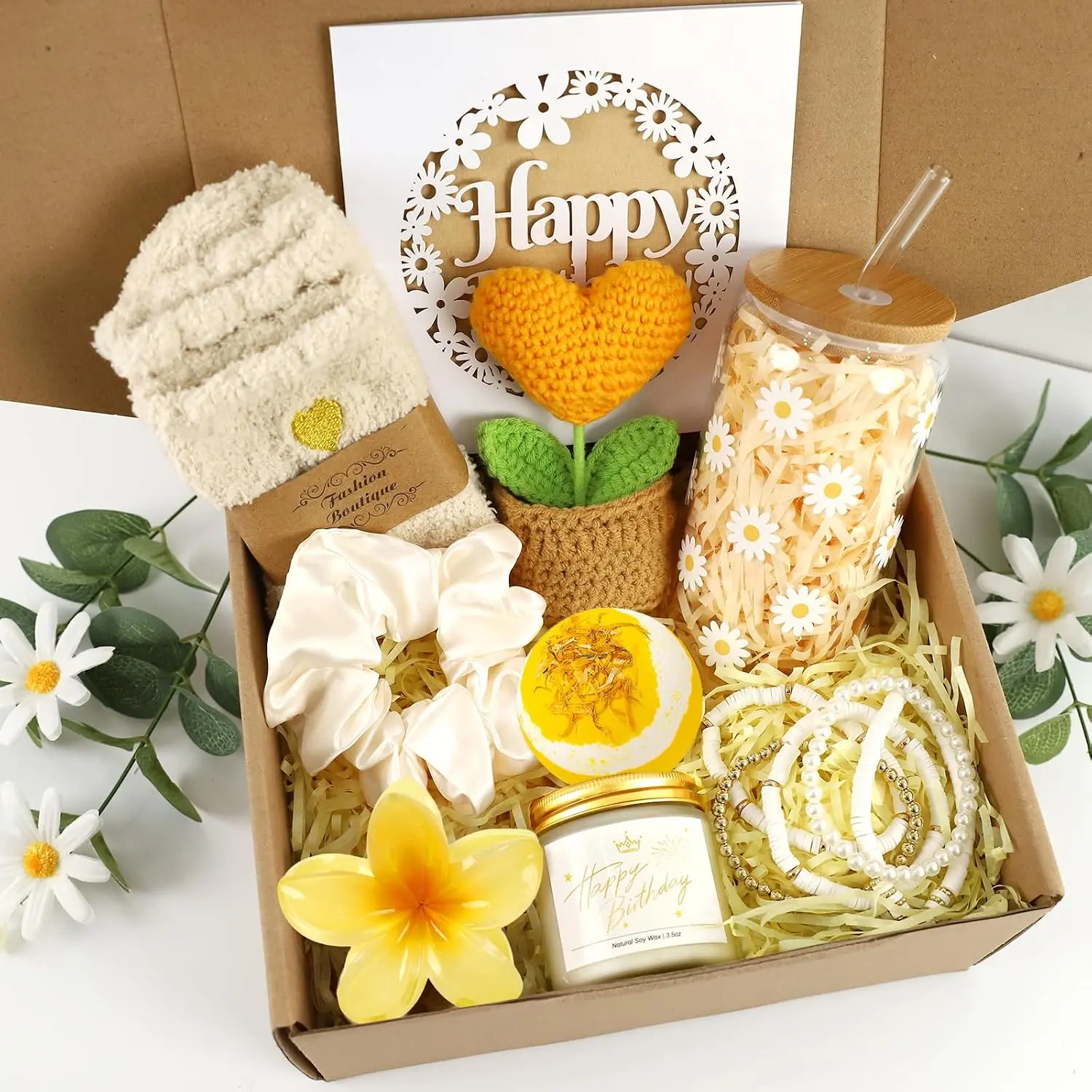 Birthday Gifts for Women,  Happy Birthday  Baskets for Teen Girls, Women, Her,  , Daughter, Sister, Self Care Package Cute Daisy Aesthetic Glass Cups  Box 9 count Set