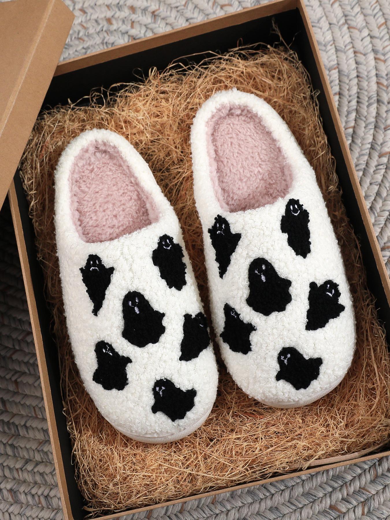 Women's Cute Cartoon Ghost Pattern Plush Slippers, Casual Soft Comfortable Fluffy Home Slippers, Warm Fuzzy House Slippers for Indoor & Outdoor Use for All Seasons