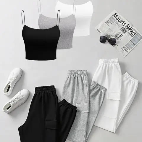Women's Knit Cami Pants Set, 6-Piece Slim-Fitting Minimalist Casual Set for Spring, Womenswear, Casual Fitted Set
