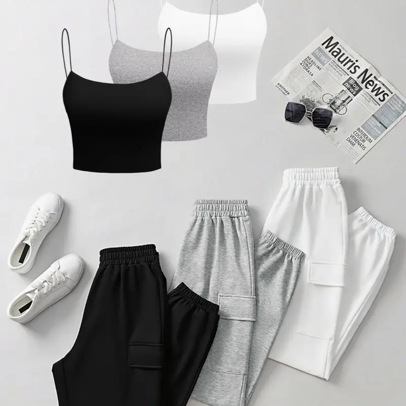 Women's Knit Cami Pants Set, 6-Piece Slim-Fitting Minimalist Casual Set for Spring, Womenswear, Casual Fitted Set