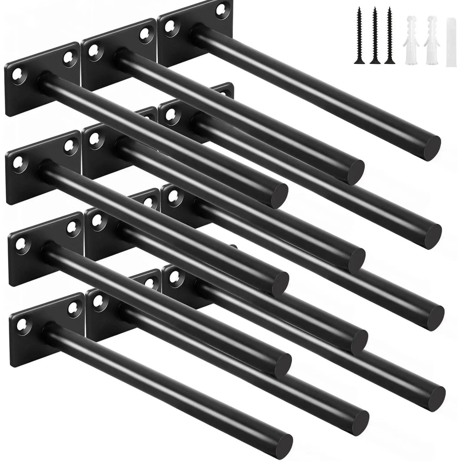 12 Pcs 6" Black Solid Steel Hidden Floating Shelf Brackets Concealed Blind Supports for Floating Wood Shelves - Screws and Wall Plugs Included