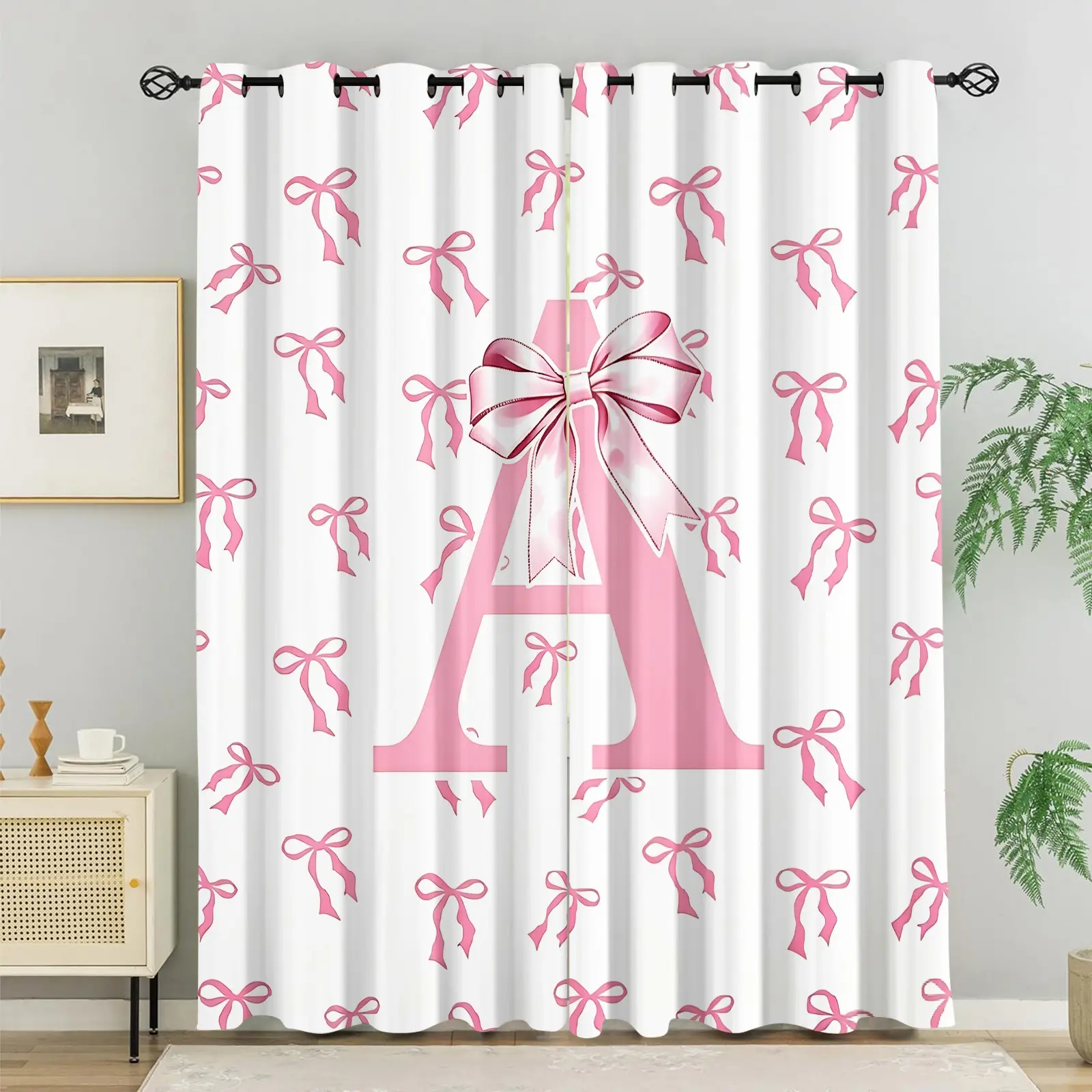 2Pcs Pink Bow Curtains, Room Decor Curtain, Home Decoration Curtain, Custom Initial Print, Light Blocking Breathable Fabric Soft Texture, Ideal for Girls Bedroom Bay Window