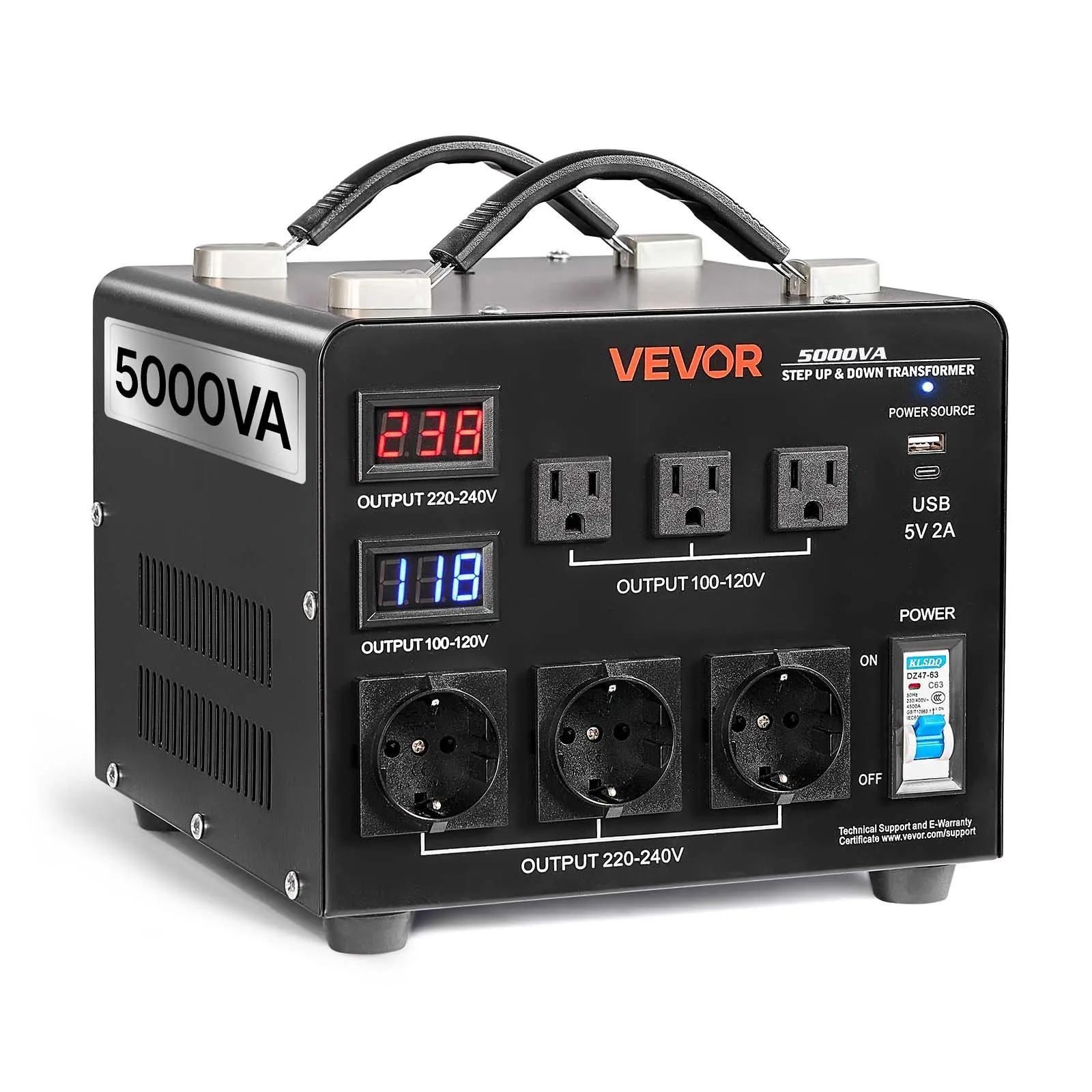VEVOR 5000VA Heavy Duty Auto Voltage Converter Transformer with Metal Housing, LCD Display, Circuit Breaker Protection, 3 US Outlets, 3 EU Outlets, Type-C Output, 1 USB Output, 220V-110V Step Up/Down AC Power Supply