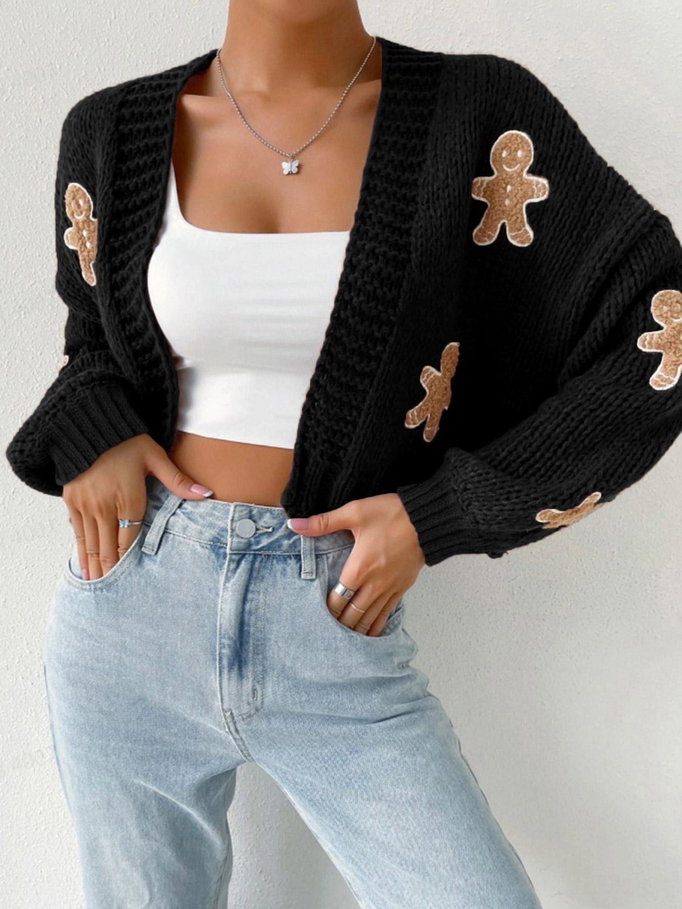Women's Cartoon Print Drop Shoulder Cardigan, Casual Long Sleeve Open Front Knitwear for Fall, Valentine's Day Gift for Girl, Women's Knit Clothing for Daily Wear, Womenswear Knitting Style
