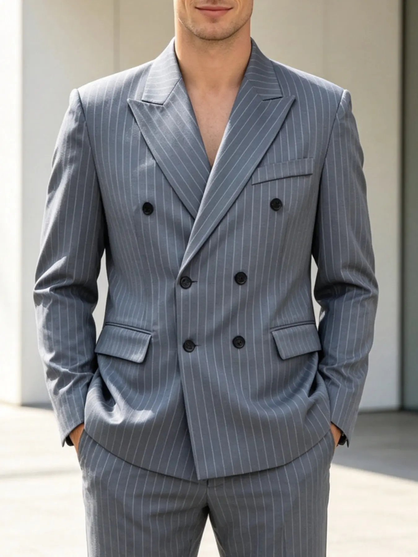 Ainwear Plus Size Men's Pinstripe Blazer Jacket, Double Breasted Peak Lapel, Business Formal for Office Wedding Daily Wear