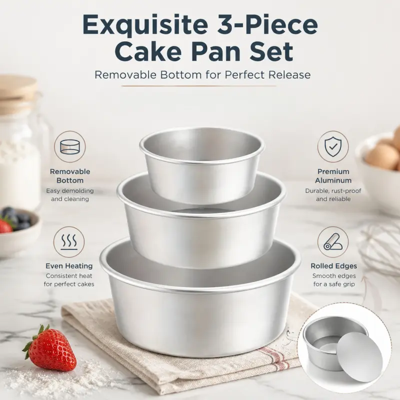 Exquisite 3-Piece Aluminum Cake Pan Set, Removable Bottom, Even Heating, Rolled Edges, Durable & Rust-Proof, Ideal for Baking Cakes, Cheesecakes & More