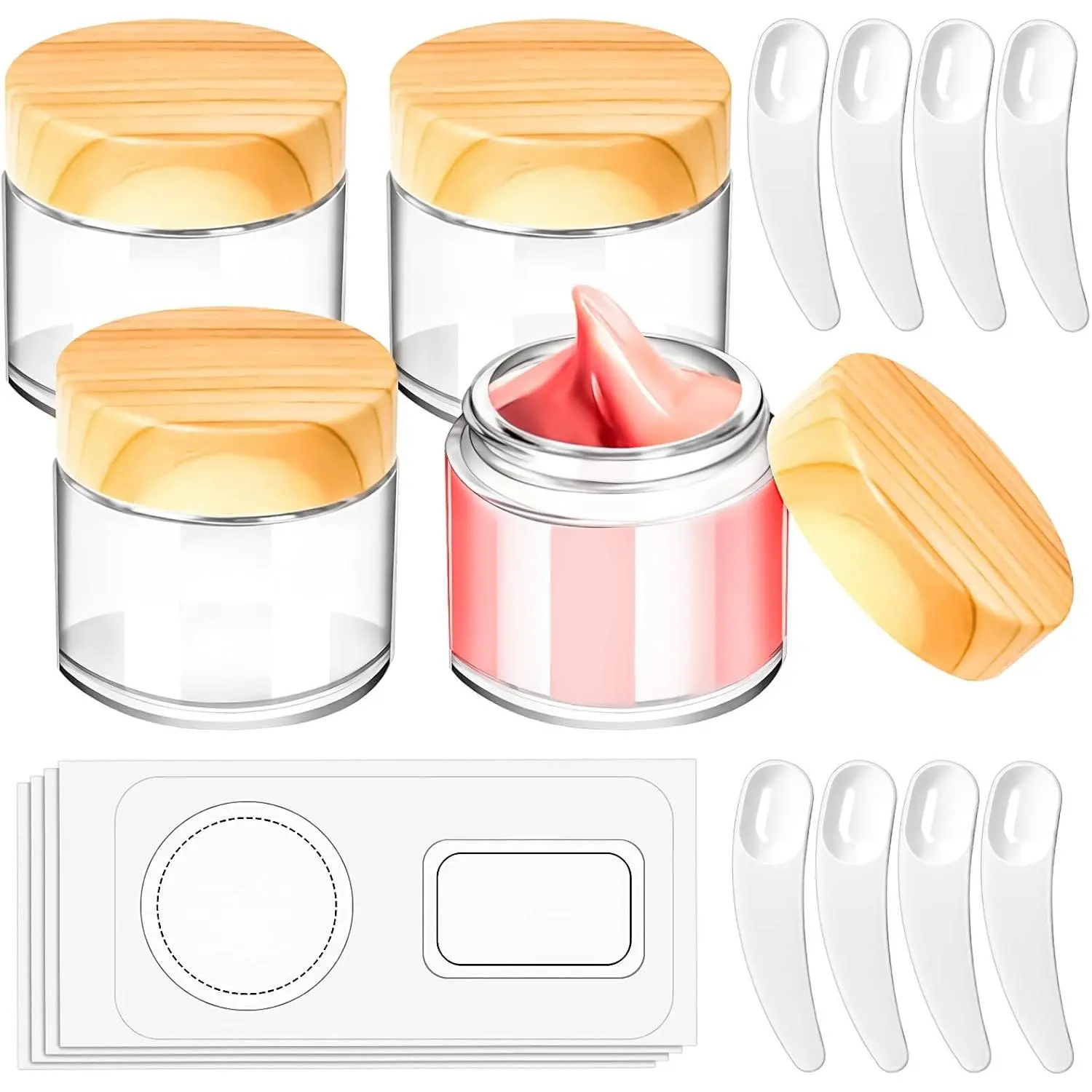 4 Pack 2oz Glass Jars with , 2ounce Small Glass Containers with Woodgrain  and Inner Liners, 60ml Round Clear Jars Travel Toiletries with Spatula for Makeup  Salve Cream Lotion