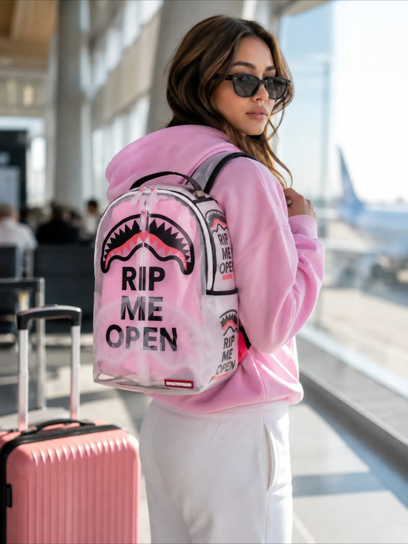 Sprayground tear open transparent backpack, available in multiple colors, parody shark sports backpack, spicy girl student transparent large capacity trendy backpack, leisure travel backpack