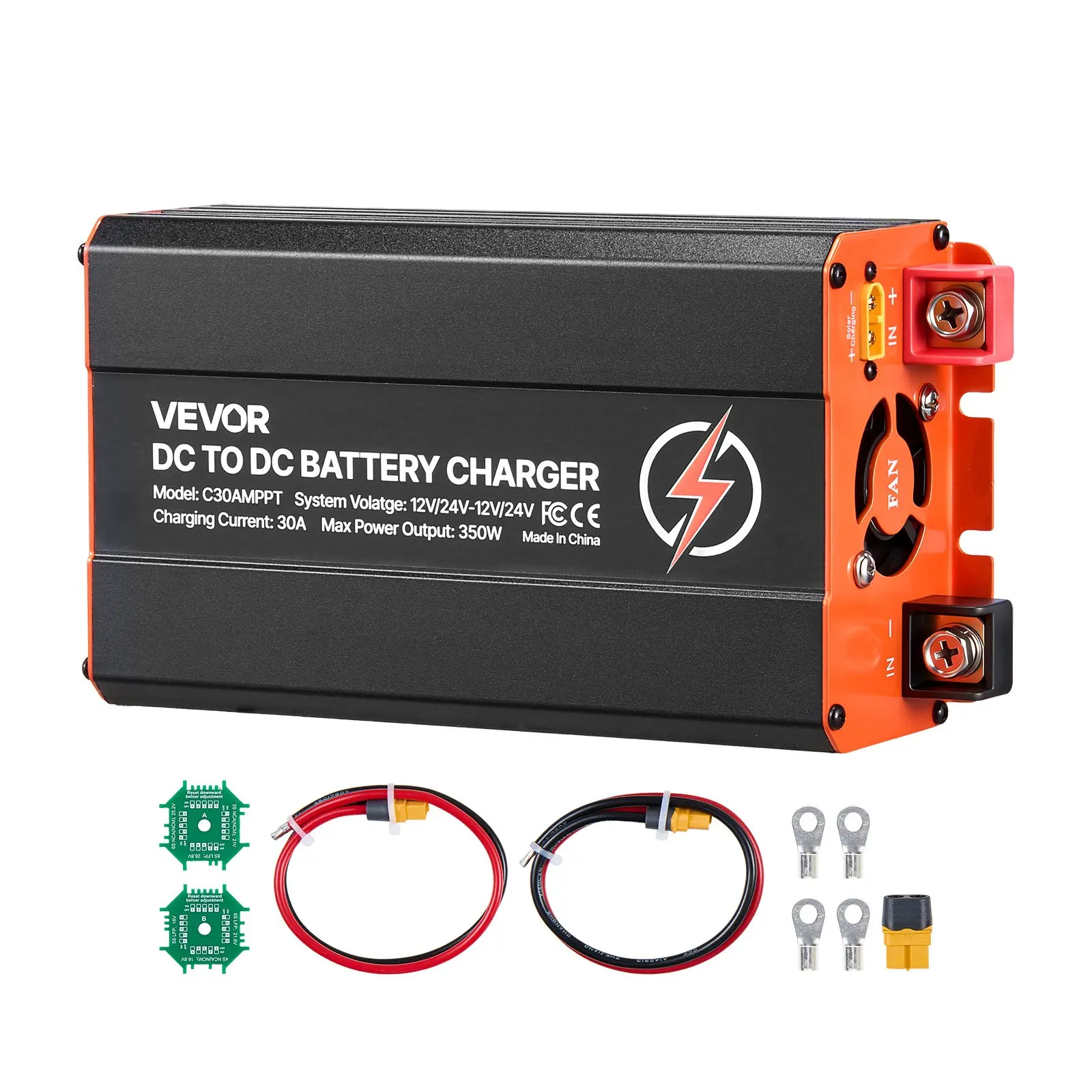 VEVOR Onboard Unit DC to DC MPPT Charger, 350W 30A, Solar Panel/Alternator Dual Input, Smart Multi-Stage Charging for LiFePO4 Lead-Acid Batteries, 12V/24V-12V/24V, Cable, Quick Connect, 2 Dip Switch Keys for RV Backup Power