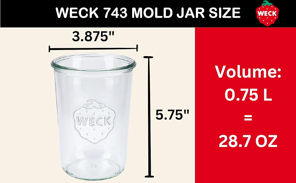 Weck Canning Jars 743-28.7 fl. oz Weck Mold Jars made of Transparent Glass - Eco-Friendly Canning Jar - Storage for Food, Yogurt with Air Tight Seal & Lid - 3/4 Liter Tall Jars Set - Set of (2 Jars)