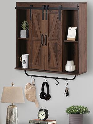 Rustic Wood Wall Storage Cabinet with Two Sliding Barn Door, 3-Tier Decorative Farmhouse Vintage Cabinet for Kitchen Dining, Bathroom, Living Room, Vintage White