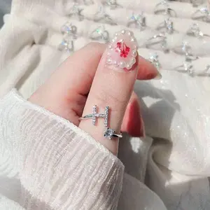 Shining Rhinestone 26 Letters Adjustable Rings Fashion Initial A-Z Alphabet Opening Ring For Women Charm Jewelry Gift