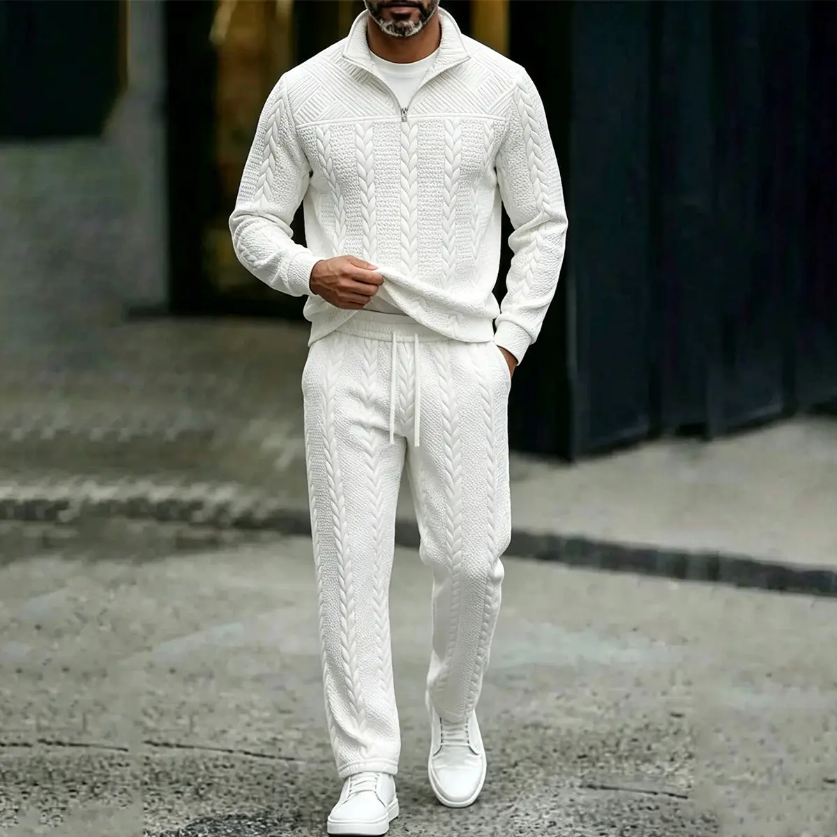 Men's 2-Piece Diamond Jacquard Half-Zip Polo Tracksuit, Neutral Solid Tone Combinations, Spacious Relaxed Torso Cut, Reinforced Cuff & Hem Rib Stitching, Grid Texture, Wrinkle-Free Breathable Polyester Blend Fabric