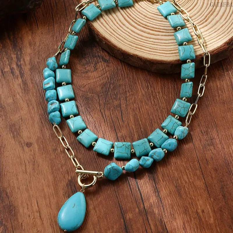 Bohemian Stackable Double Layer Turquoise Necklace, Teardrop Pendant with OT Clasp