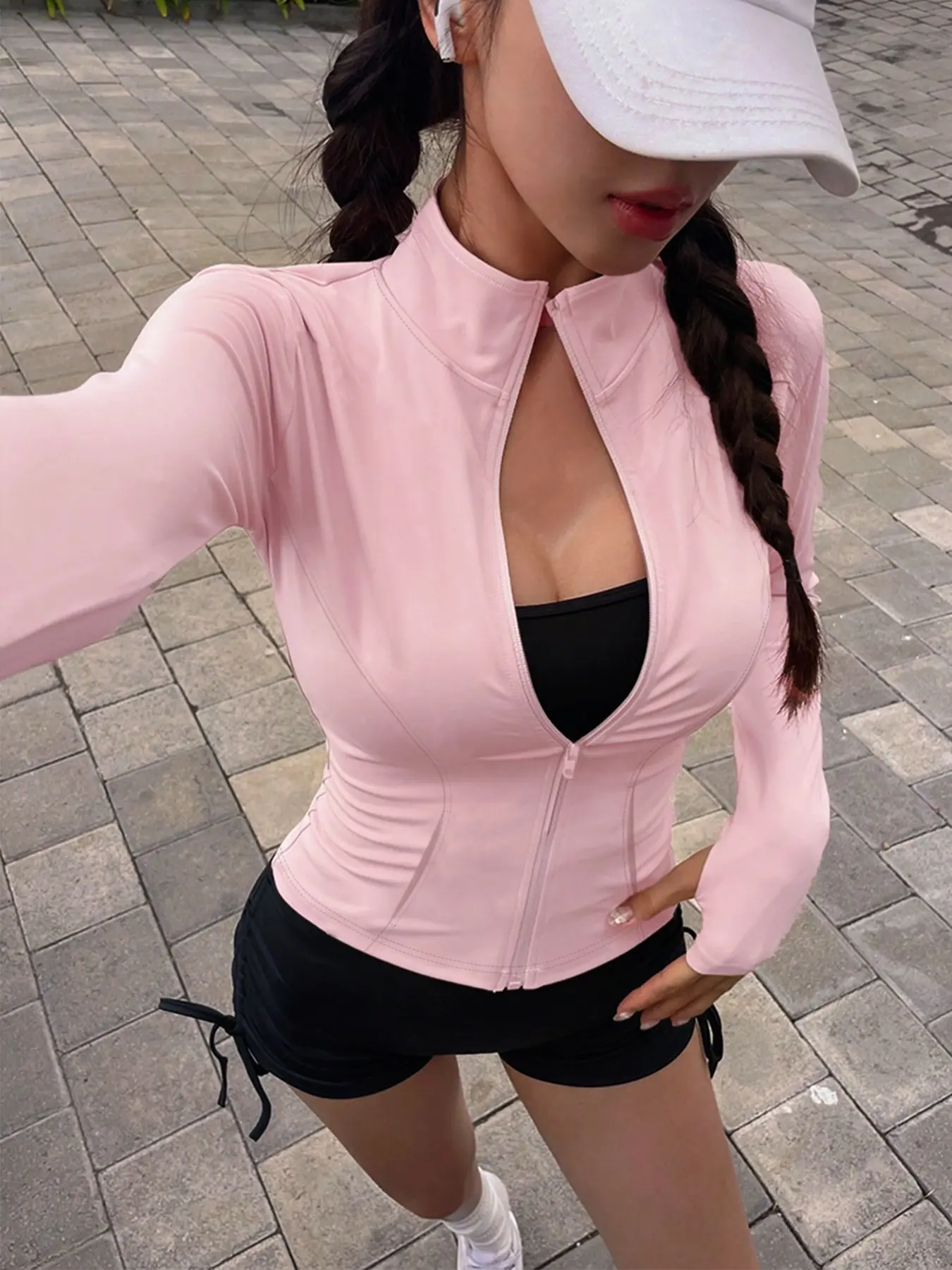 Women's Stand Collar Full-Zip Slim Fit Long Sleeve Sun Protection Jacket, Suitable For Fitness Training, Running Sports And Outdoor Daily Outfits