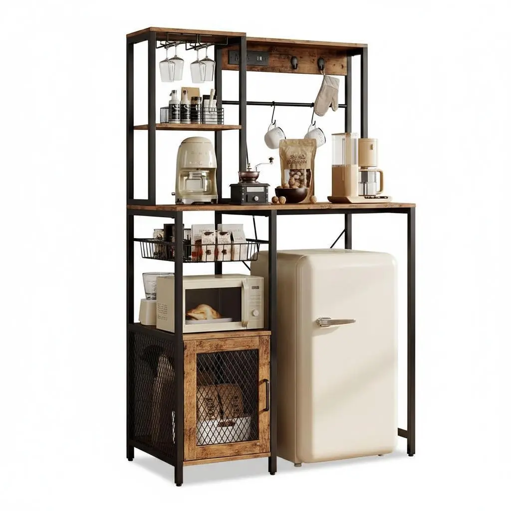 Industrial Kitchen Bakers Rack with Refrigerator Storage – Microwave Stand with Power Outlet – Freestanding Pantry Shelf & Storage Cabinet – Utility Organizer for Living Room