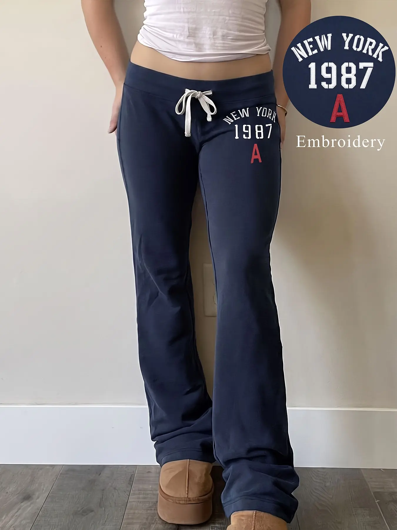 Navy Blue Low Rise Drawstring Soft Knit Comfy Vintage New York 1987 Letter A Embroidery Y2K Casual Streetwear Gym Slim Fit Flare Sweatpants, Women Low Waist Bootcut Lounge Pants Retro American Bottoms For Daily Walking Shopping Fitness Outdoor Outfit