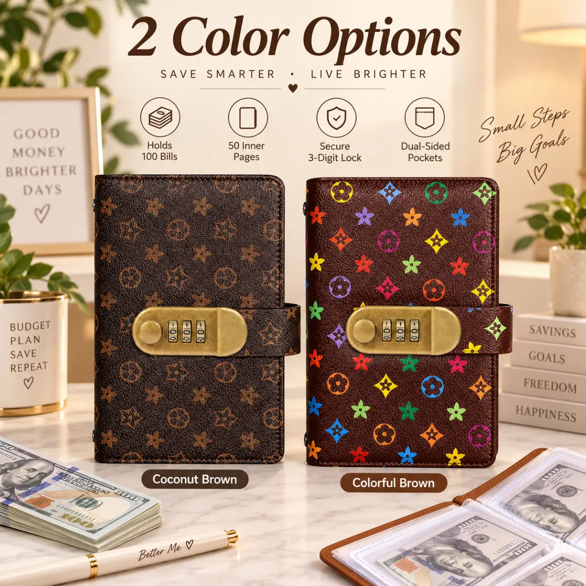 2026 A6 PU Leather Money Saving Binder with 3-Digit Combination Lock, 50 Dual-Sided Pages (Holds 100 Bills), Budget Planners for Saving Challenges & Gifting