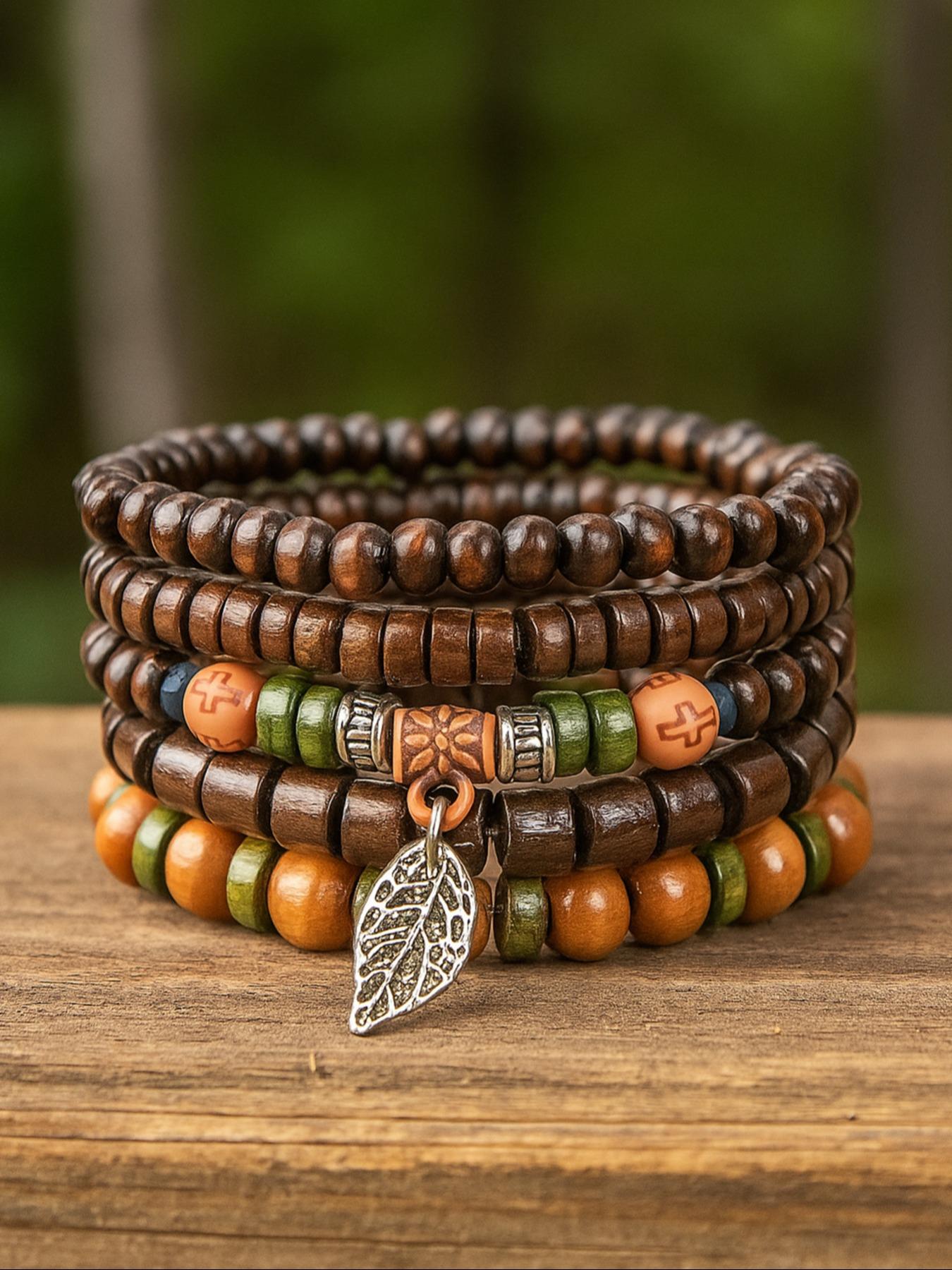 Boho Style Wooden Beaded Bracelet, Vintage Trendy Bracelet, Fashionable Jewelry for Women & Girls for Daily Decoration, Beaded Bracelet Set