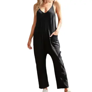 Women's Causal Jumpsuits V Neck Sleeveless Harem Overalls Stretchy Adjustable Strap Romper with Pockets